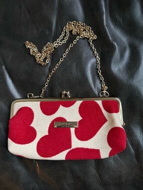 Miu Miu Red Heart Print White Clutch with Gold Chain
